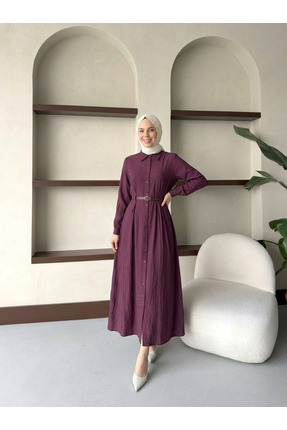 Esmira Stil Kadın Kemerli Pileli Tam Boy Düğmeli Tesettür Elbise