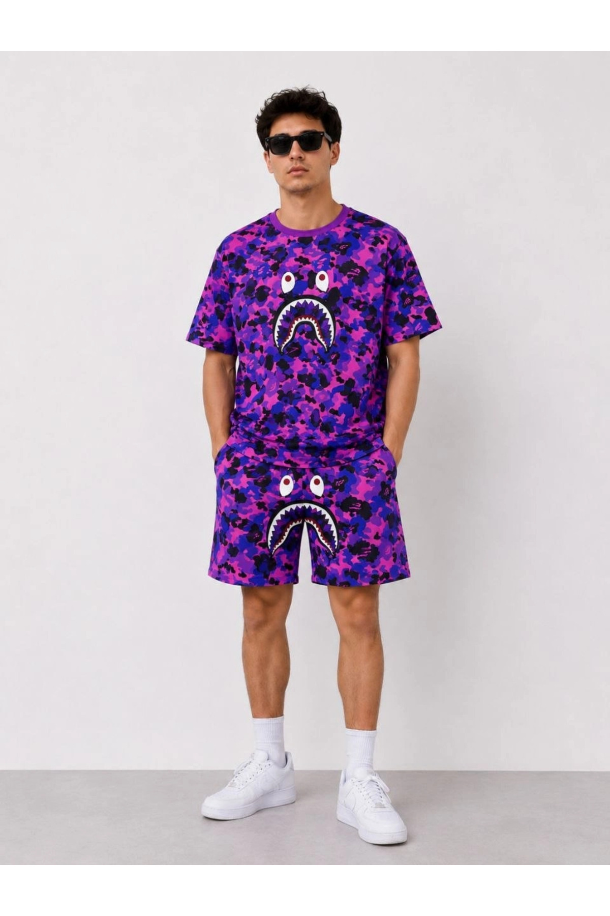 Genel Markalar Erkek Oversize Kalıp Pubg Bape X Shark Nakışlı