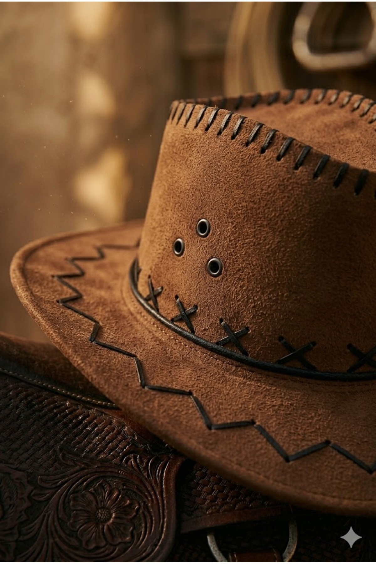 Belifanti Collection Kahverengi Unisex Bağcıklı Nubuk Kovboy Şapkası Western Country Tarzı görsel 3