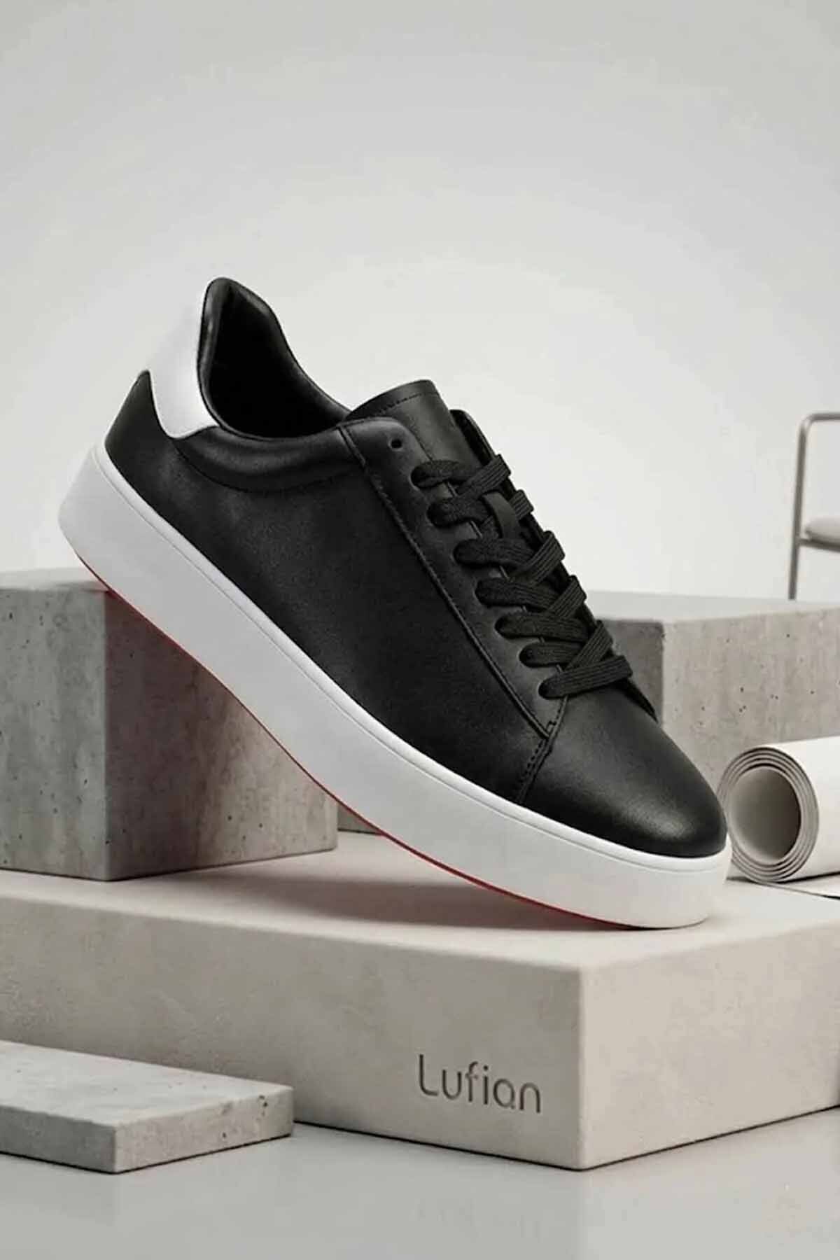 Lufian Hakiki Deri Siyah Erkek Sneaker Ayakkabı - Beyaz Tabanlı Klasik Spor Ayakkabı
