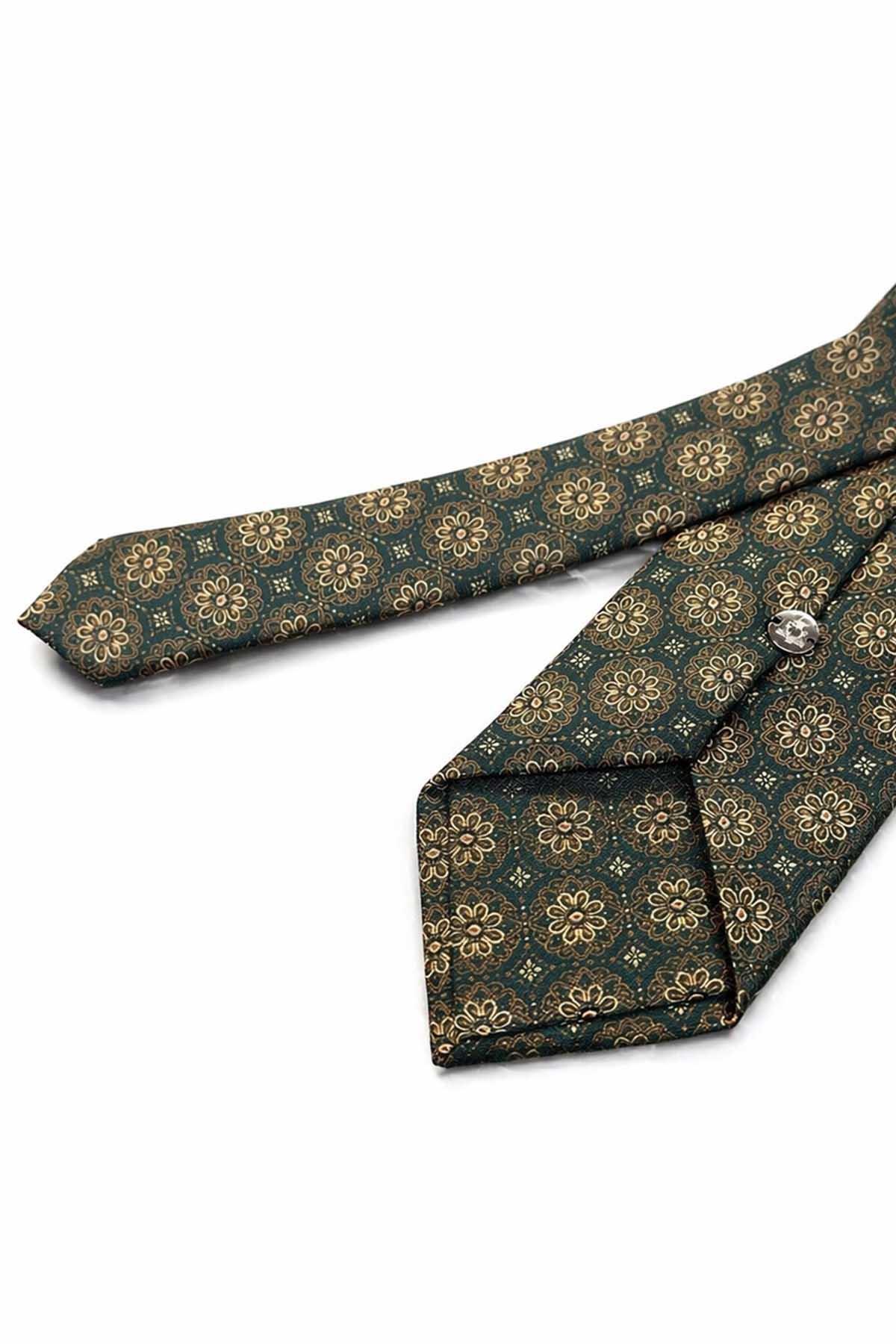 Kravatkolik Yeşil - Sarı Motif Desen Mendilli Klasik Kravat KK13703 görsel 6