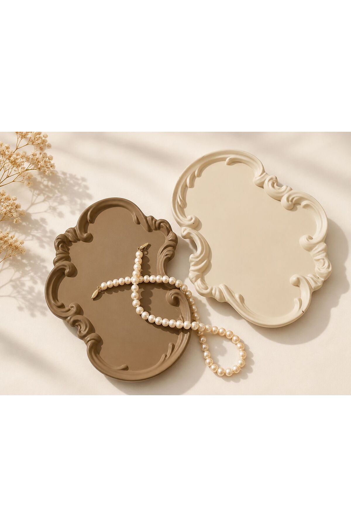 Decorative Edge Detailed Presentation Keychain Keychain Jewelry Plate 2-Piece Set (Stone-Cream)