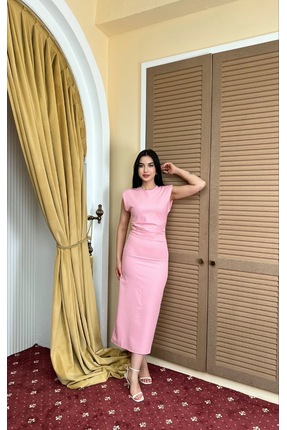 Moda Banuş Taşlı Slim Fit Vatkalı Uzun Pembe Elbise