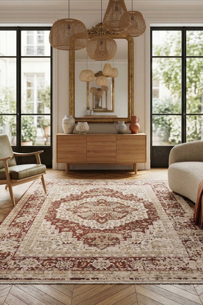 Livset Home Modern Dokuma Halı Bordo Krem Salon Mutfak Antre Yolluk Oturma Od...