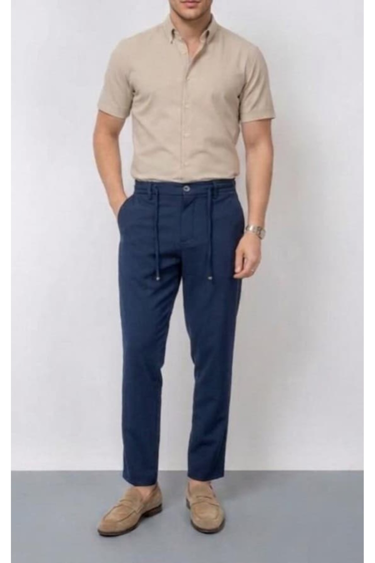 MODA Lacivert Beli Bağcıklı Casual Kumaş Pantolon