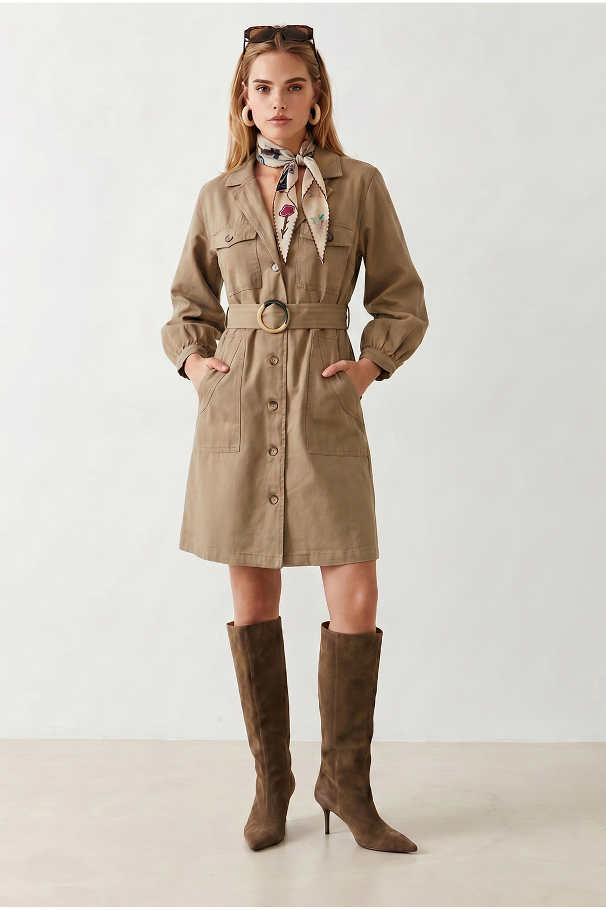 Kadın Camel Cepli Kuşaklı Gabardin Gömlek Elbise ELB-19002569