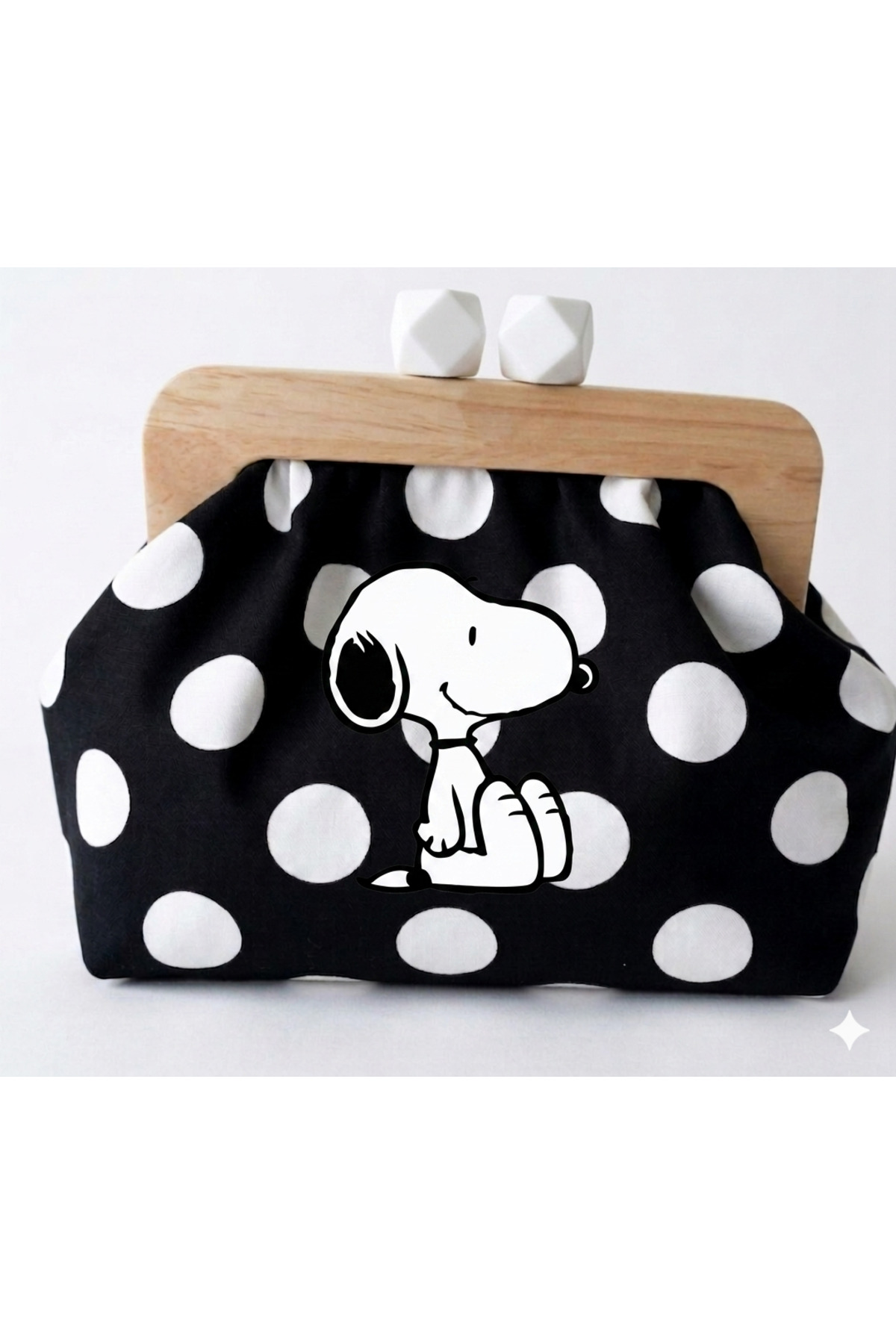 handedizayn Siyah Beyaz Puantiyeli Snoopy Ahşap Burslu Zincir Askılı Clutch Omuz Çantası görsel 2