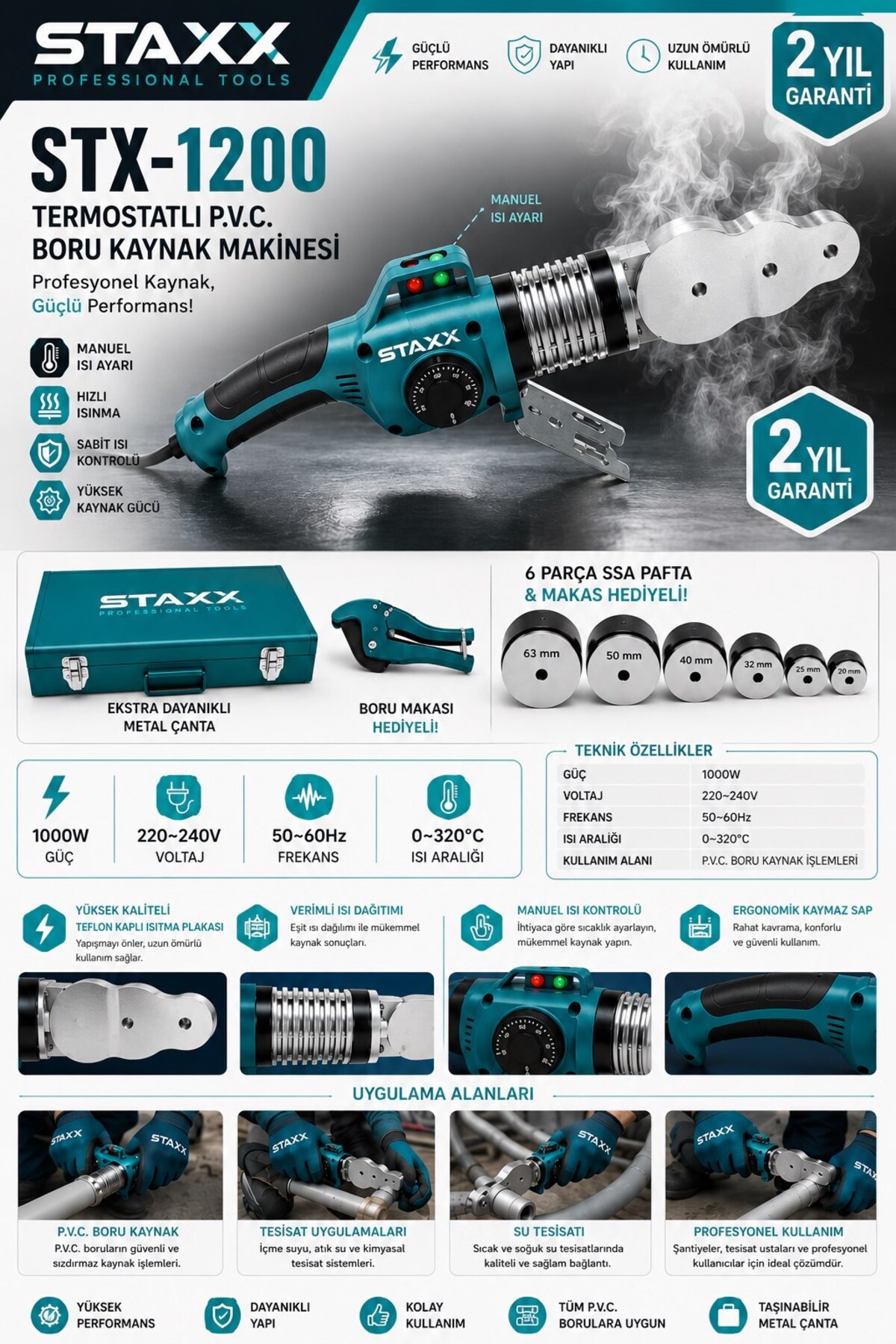 STAXX POWER Termostatlı PVC Boru Kaynak Makinesi 1000 W Profesyonel PPRC Kaynak Seti 20-63 mm 6Pafta Metal Çantalı