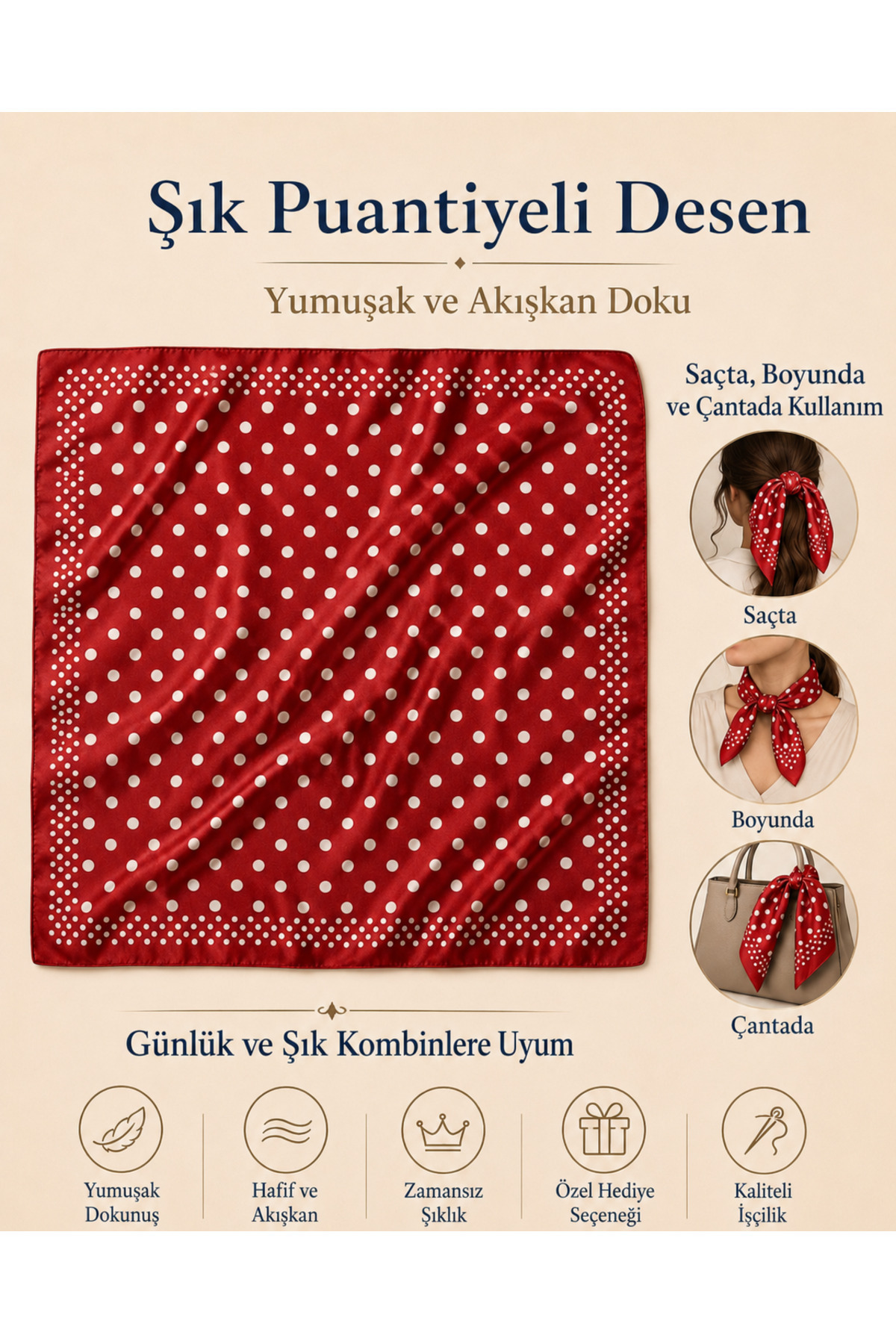 OUS Kadın Puantiyeli 50x50 cm Saten Fular, Kırmızı İpeksi Dokulu Kare Boyun Saç ve Çanta Aksesuarı görsel 4