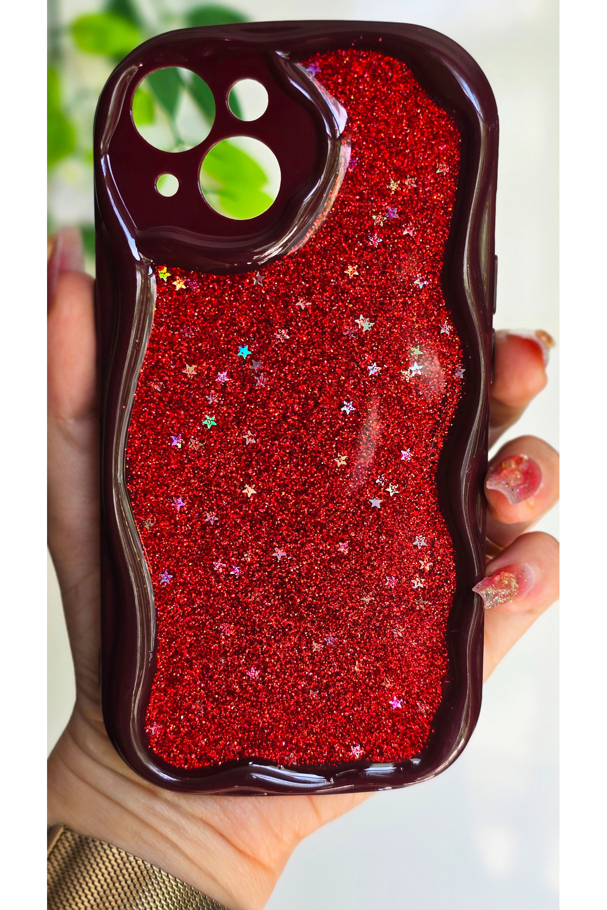 iPhone 15 Compatible Red Silvery Star Detailed Wavy Claret Red Silicone Case