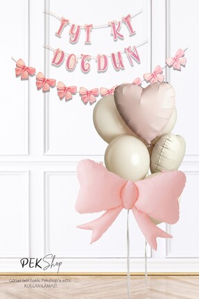 PEKSHOP Pastel Pembe Fiyonk Tema Bannerlı Doğum Günü Balon Seti 269