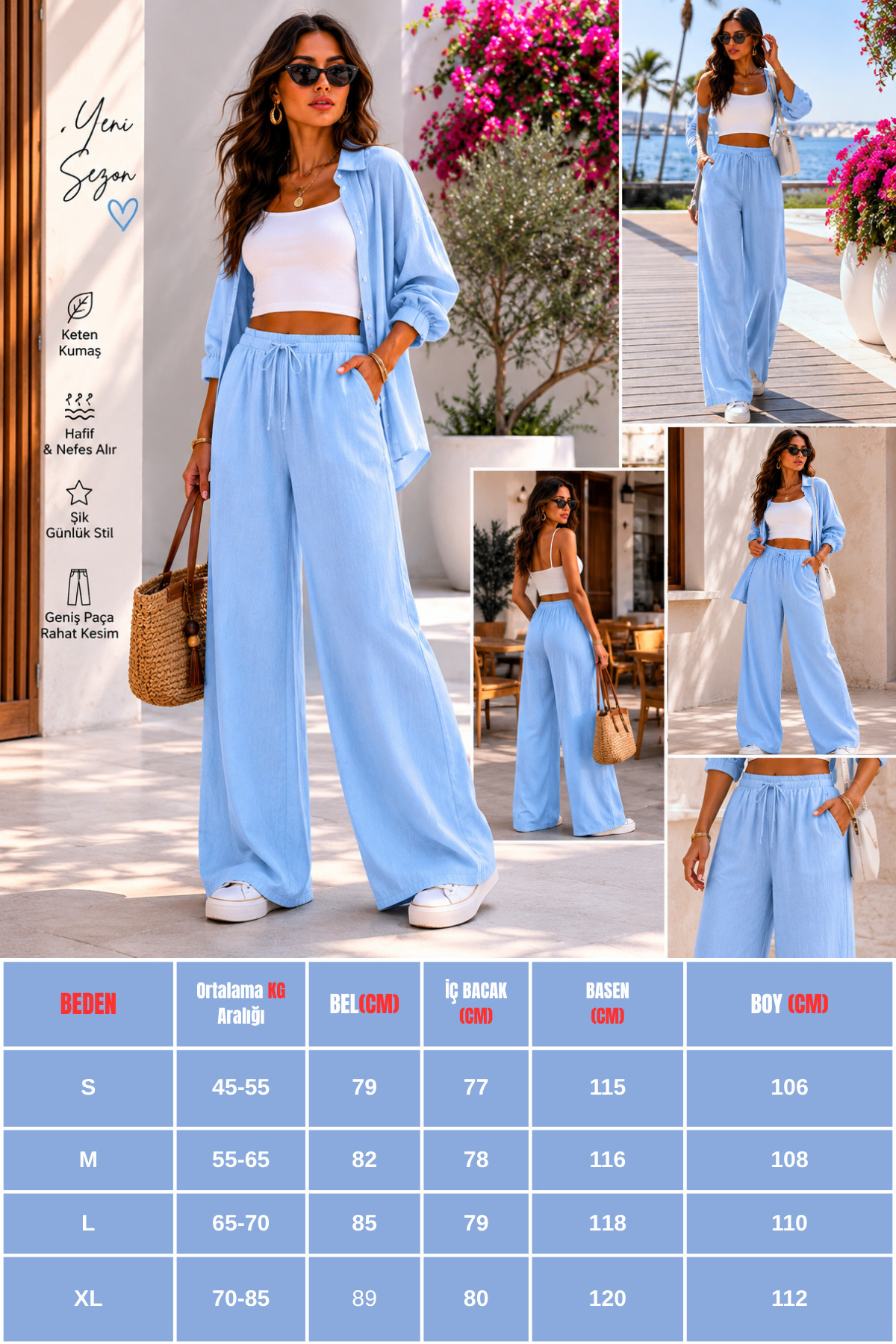 LAVİNİM  SKY BLUE Keten Dokulu Yüksek Bel Bol Paça Nefes Alan Yazlık Pantolon - Görsel 6