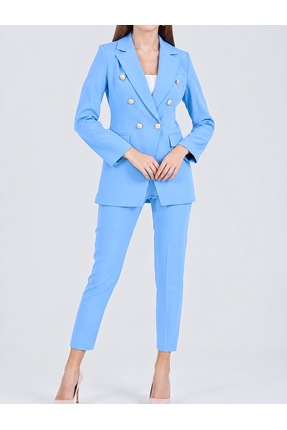 pembekurdelem Kadın Blazer Ceket Kemerli Pantolon Takım Bebe Mavi