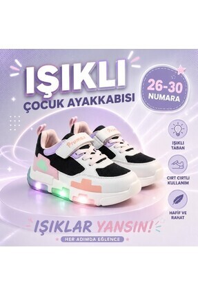 Promax ÇOCUK IŞIKLI CIRTLI PATİK SPOR AYAKKABISI 26-30 SİYAH PEMBE