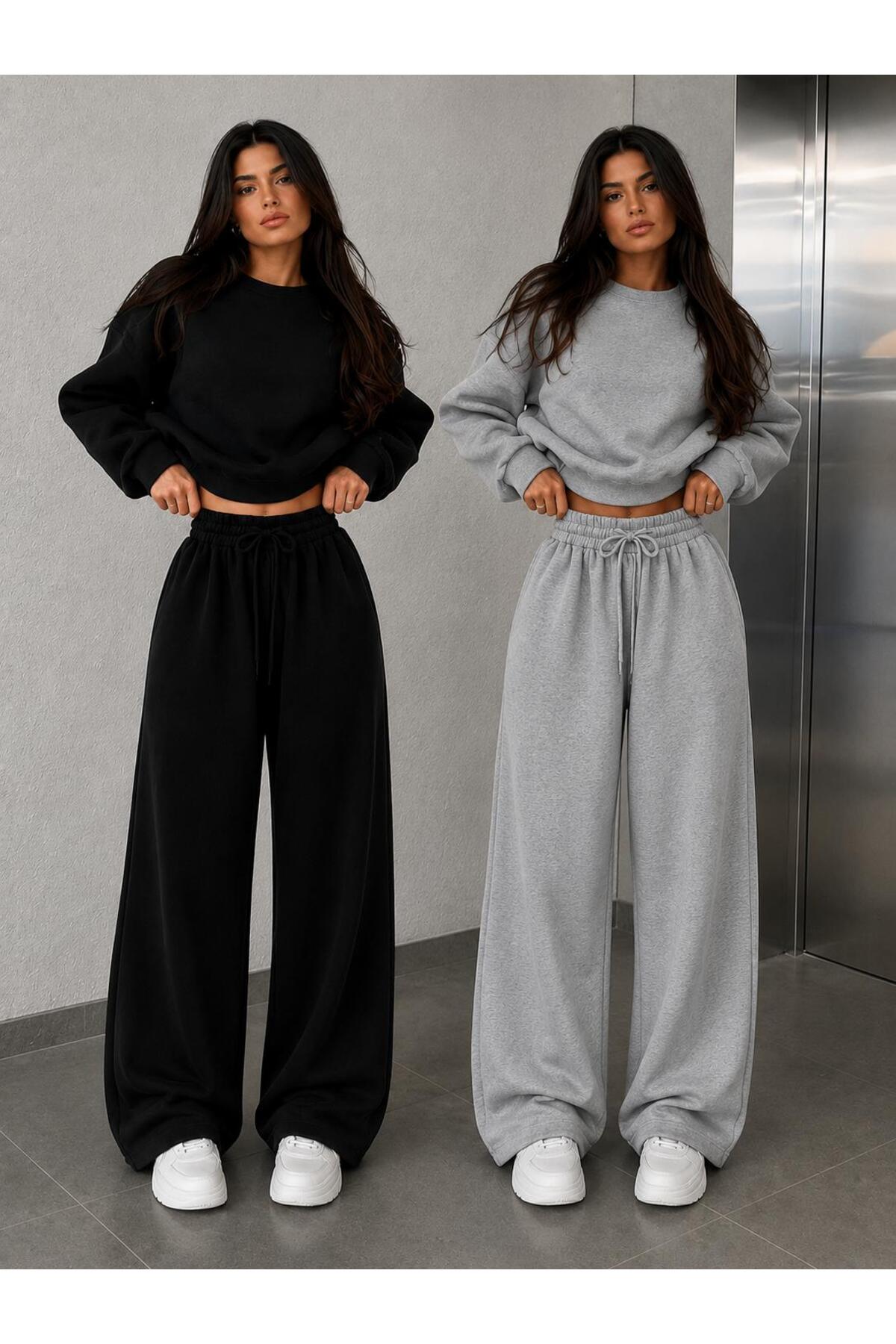 SULVERY 2 ADET SİYAH+GRİ KADIN COMFORT REGULAR BAGGY EŞOFMAN ALTI DÜZ PAÇA