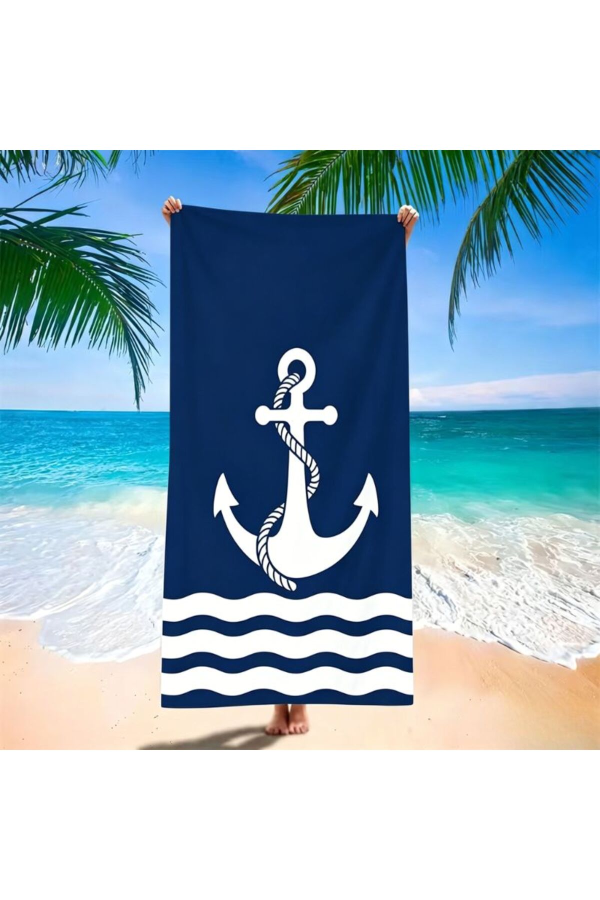 KMT Navy Blue Beach Towel with White Anchor and Waves, Dimensions 150×70cm, F...