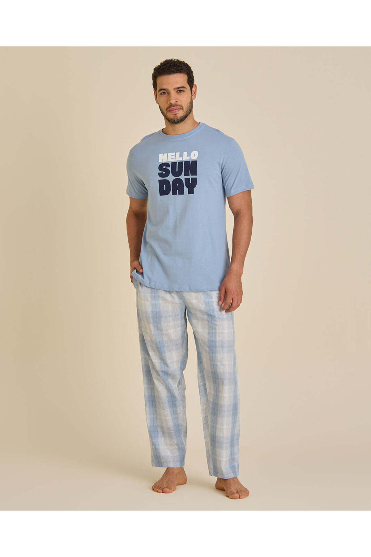 REDTAG Men Blue And White Check Pyjama Set