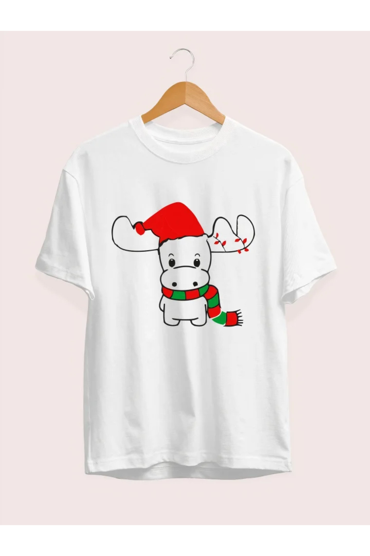 Yılbaşı Noel Ren Geyiği Baskılı Kısa Kollu Oversize Bisiklet Yaka T-shirt - Beyaz alternatif görünüm