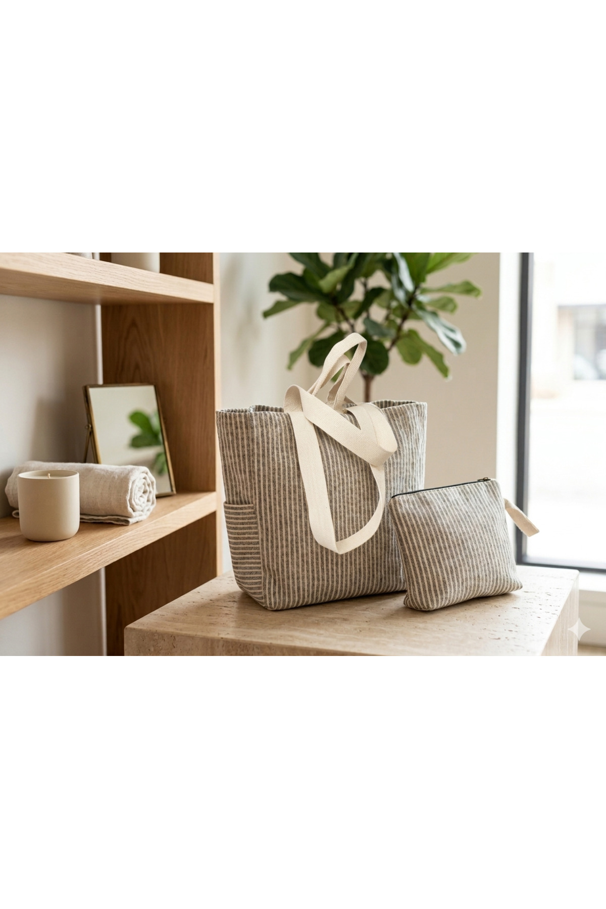 Faralya Life %70 Pamuk %30 Polyester Kadın Çanta Çıtçıtlı Siyah Çizgili Plaj Çantası %70 Pamuk %30 Polyester 26*21cm Makyaj Çantası Kombin görsel 4