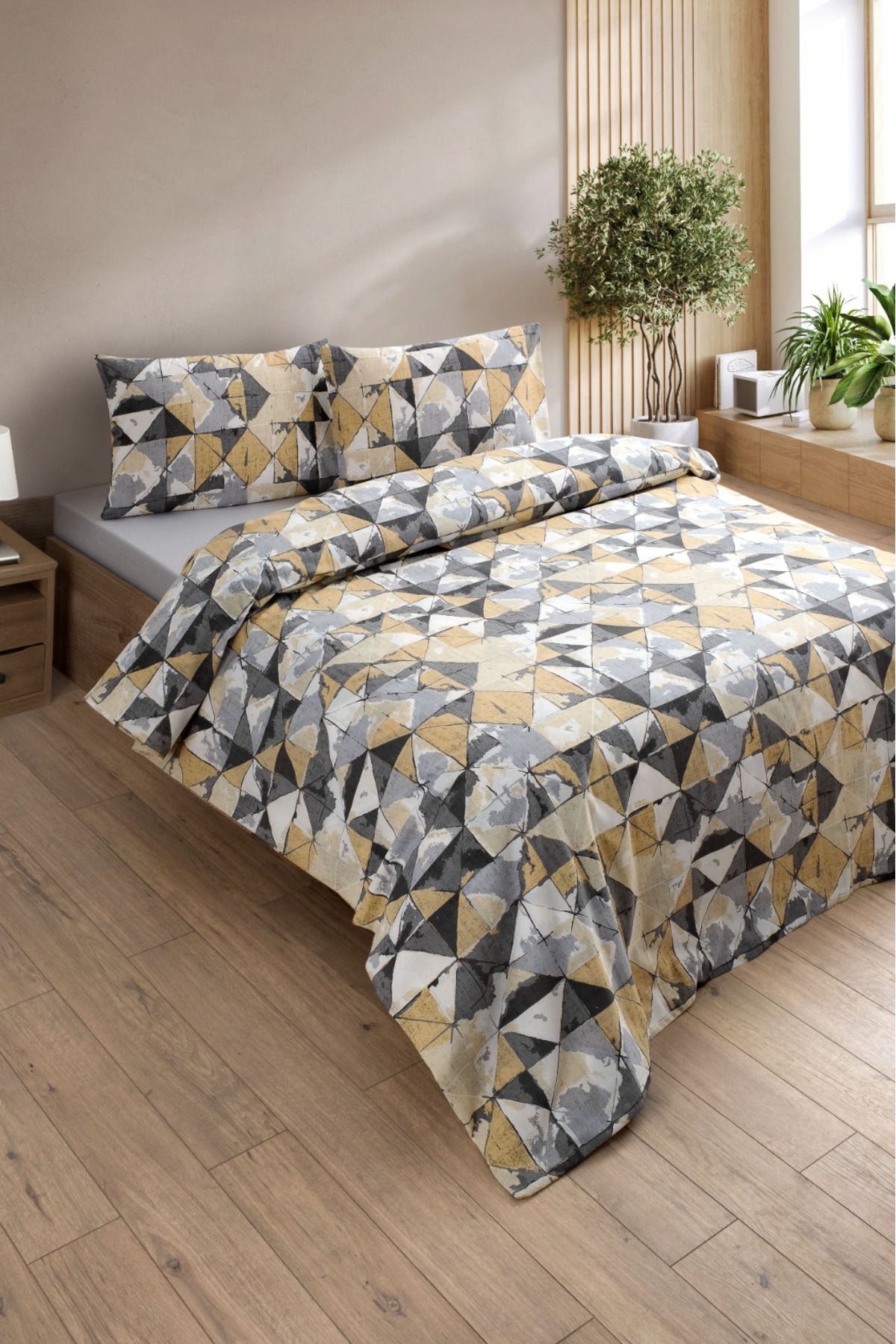 Easy Iron 160x200 Double Duvet Cover Set Fitted Bed Sheet Duvet Cover Pillowcase) Yellow Pattern