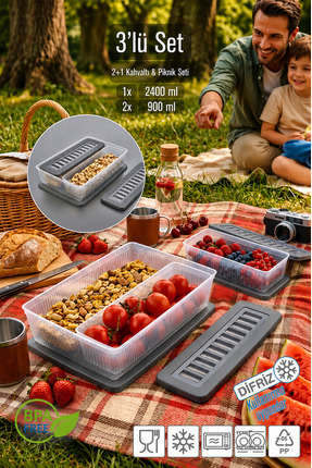 VİGENTİNO Piknik Seti 6 Parça 2artı1 Kahvaltılık Sızdırmaz Saklama Kabı 2400m...