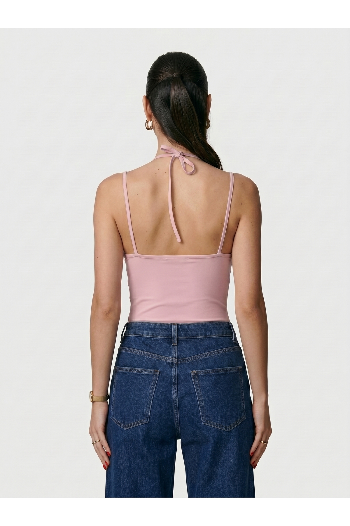 Kadın Dantel Yaka İnce Askılı Çıtçıtlı Body Slim Fit Dar Kalıp Likralı Bodysuit - Pembe 4