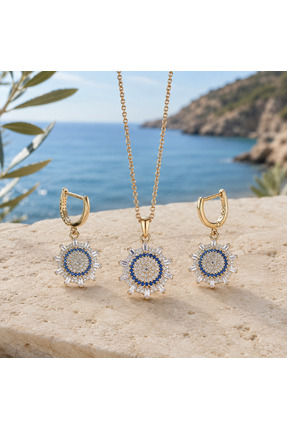 Shinestar atelier Mavi Taşlı Gold Kolye Küpe Takı Seti Kadın | Mare Serisi