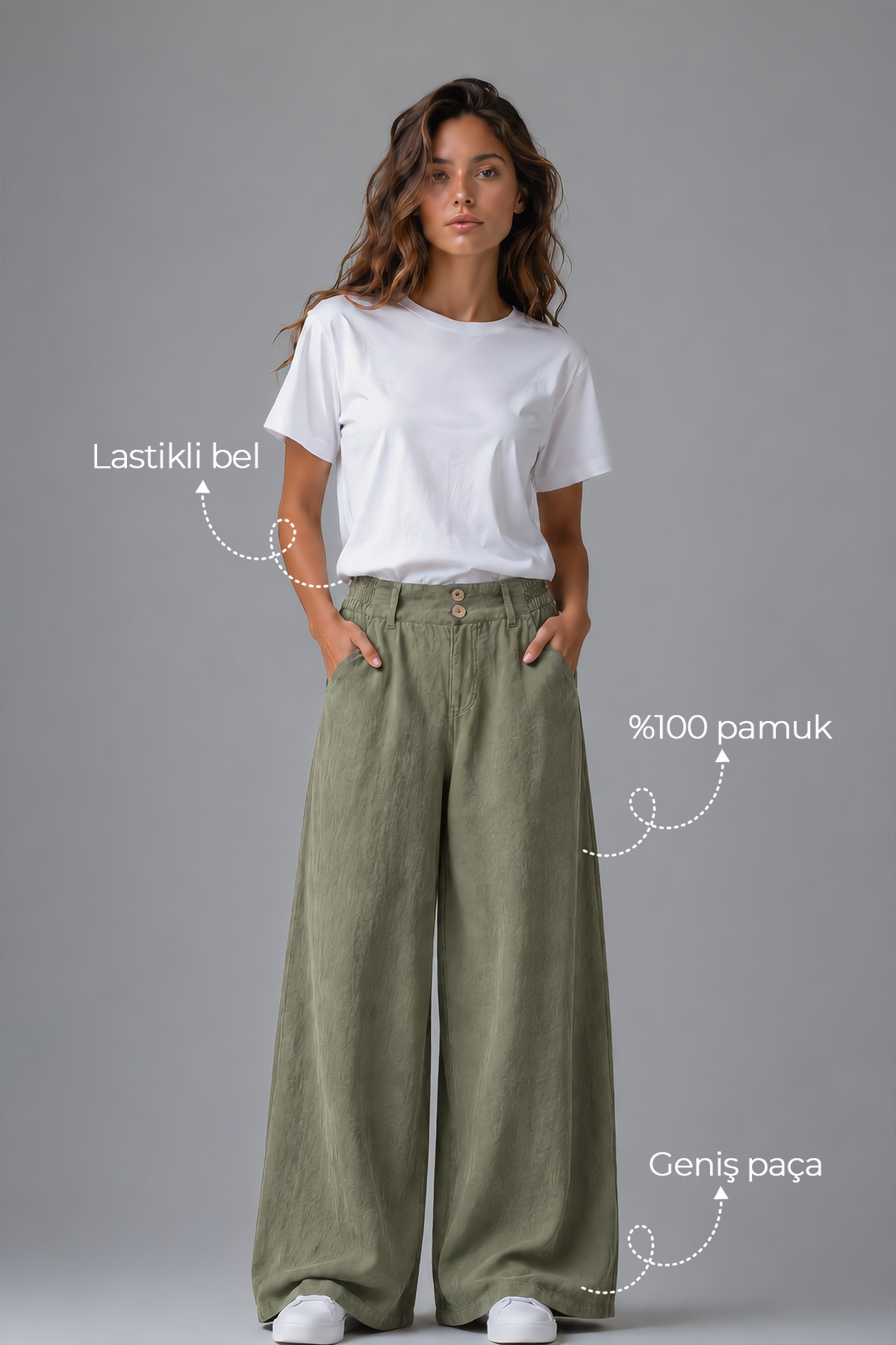 Denvy Denim Kadın Adaçayı Yeşili Çift Düğme Detaylı Palazzo Pantolon görsel 2