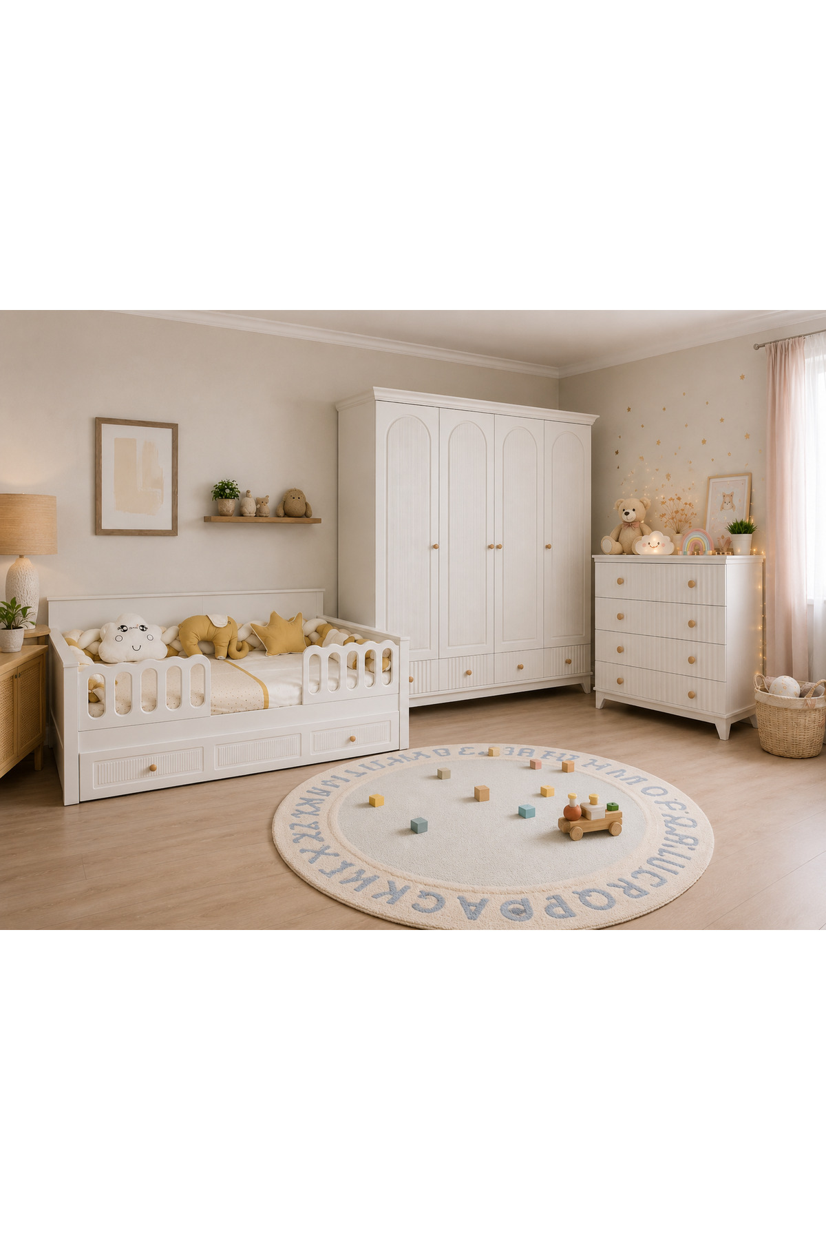 Koza %100 MDF Bohem 4 Kapılı Bebek & Çocuk Gardırop & Bohem 4 Çekmeceli Şifonyer & Bohem 90x190 cm Yavrulu Sedir Karyola