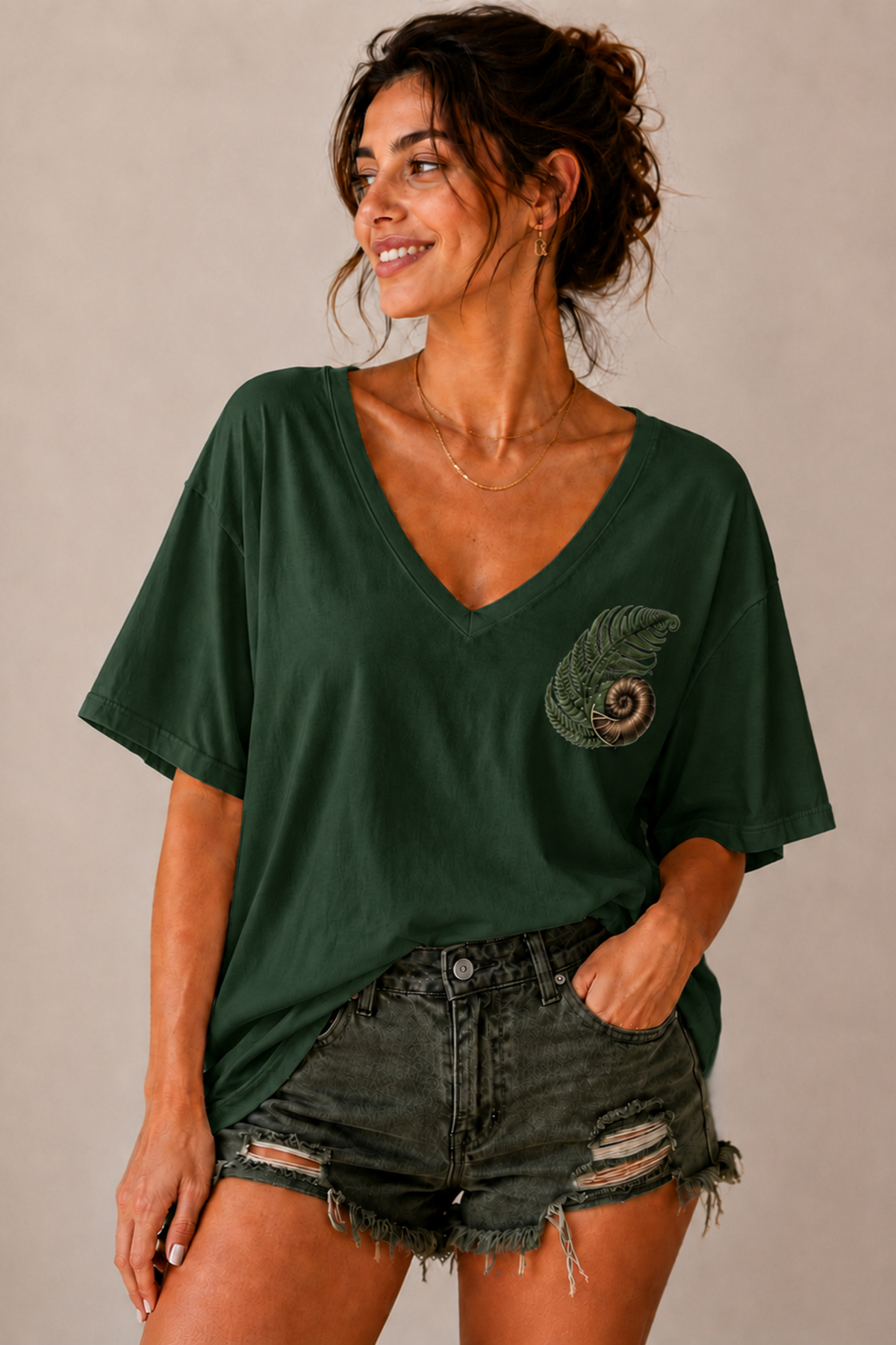 ArtYus Yaprak ve Salyangoz Baskılı V Yaka Salaş Unisex Oversize Tişört - Pamuklu Günlük T-Shirt