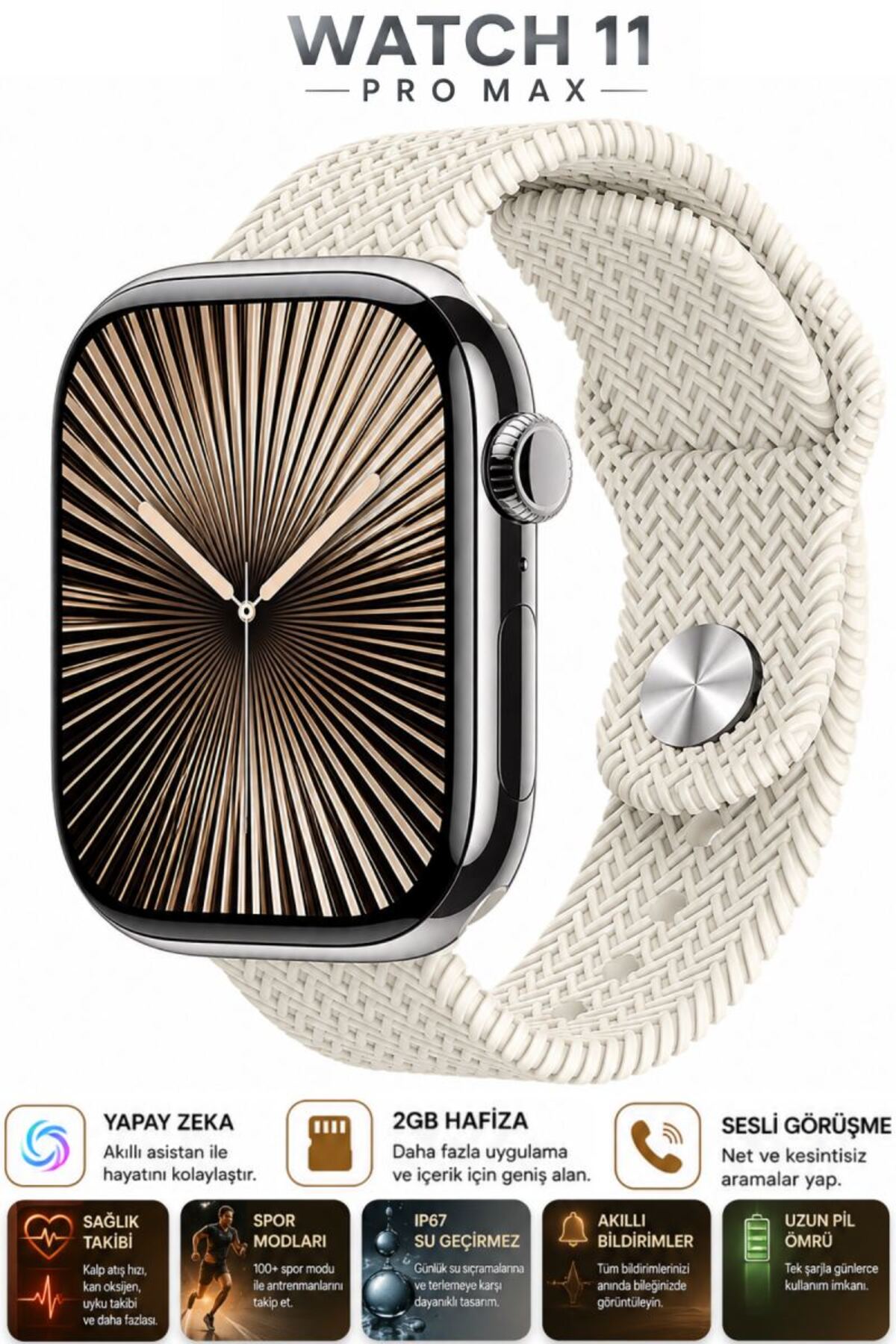 SONREİR Watch HK11 PRO MAX Gümüş Akıllı Saat Sesli Görüşme Yapay Zeka Destekli iPhone Android Uyumlu 8-9-10 Akıllı Telefon