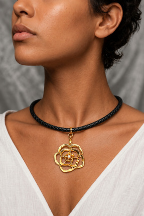 Camellie KY Jewels Noir Camellia | Vegan Suni Deri Örgü Mat Altın Kaplama Kam...