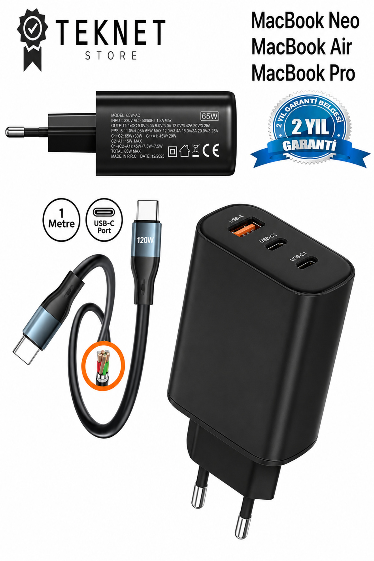 TEKNETSTORE Macbook Air/Pro/Neo Uyumlu Sarj Aleti Akım Korumalı