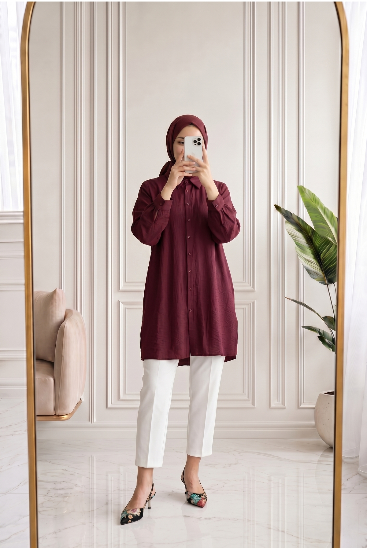 Benice Slit Detail Long Tunic-AS5976 Burgundy