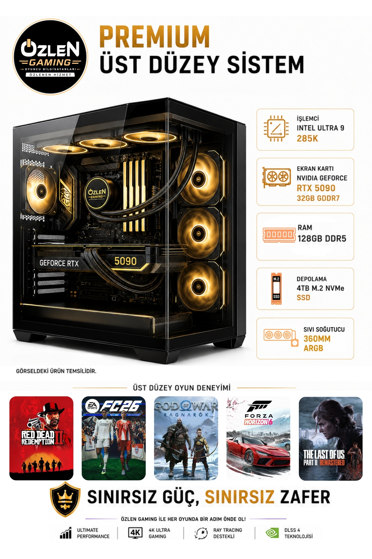 ÖZLEN PREMİUM ULTRA 9 285K RTX 5090 32GB 128GB DDR5 RAM 4TB M.2 SSD Üst Seviye Oyuncu Bilgisayarı