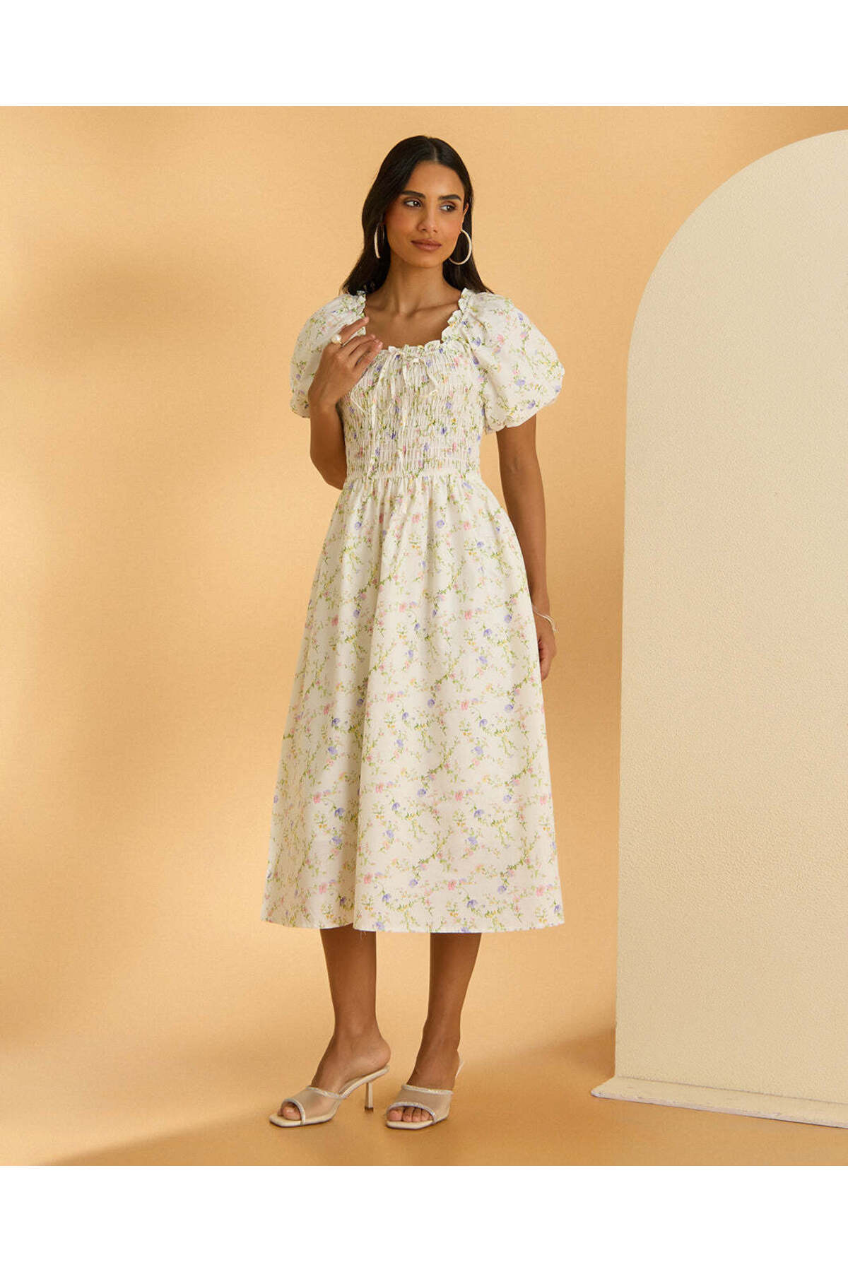 REDTAG Women Cream Printed Poplin Midi Dress