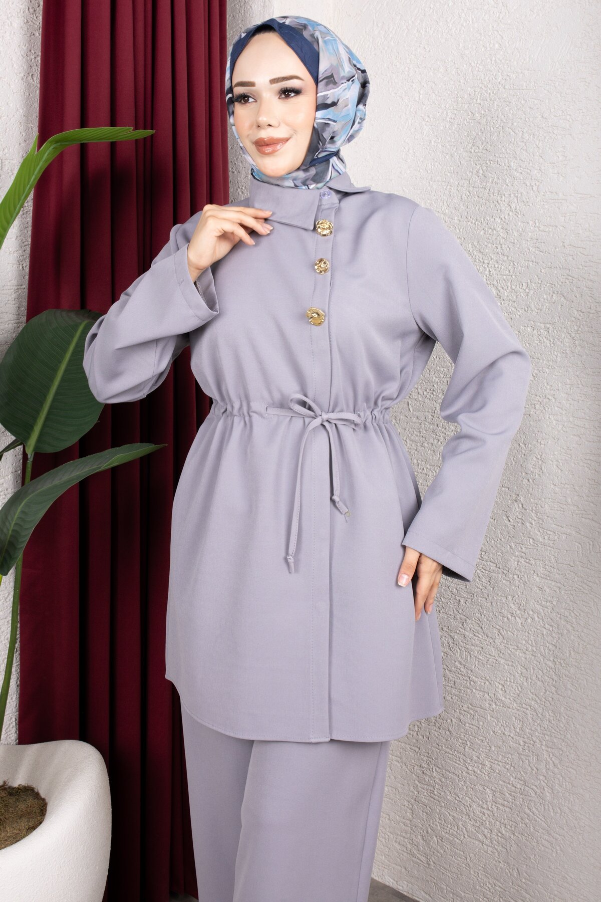 Rabia Zülal New Season Suit with Side Buttons on the Front - Gray Rbz2608Y