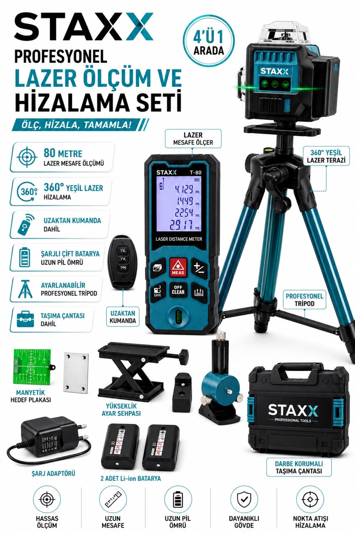 STAXX POWER Şarjlı Lazer Mesafe Ölçer 80M Lazer + 360 Derece Yeşil Lazer Hizalama Cihazı Profesyonel Set