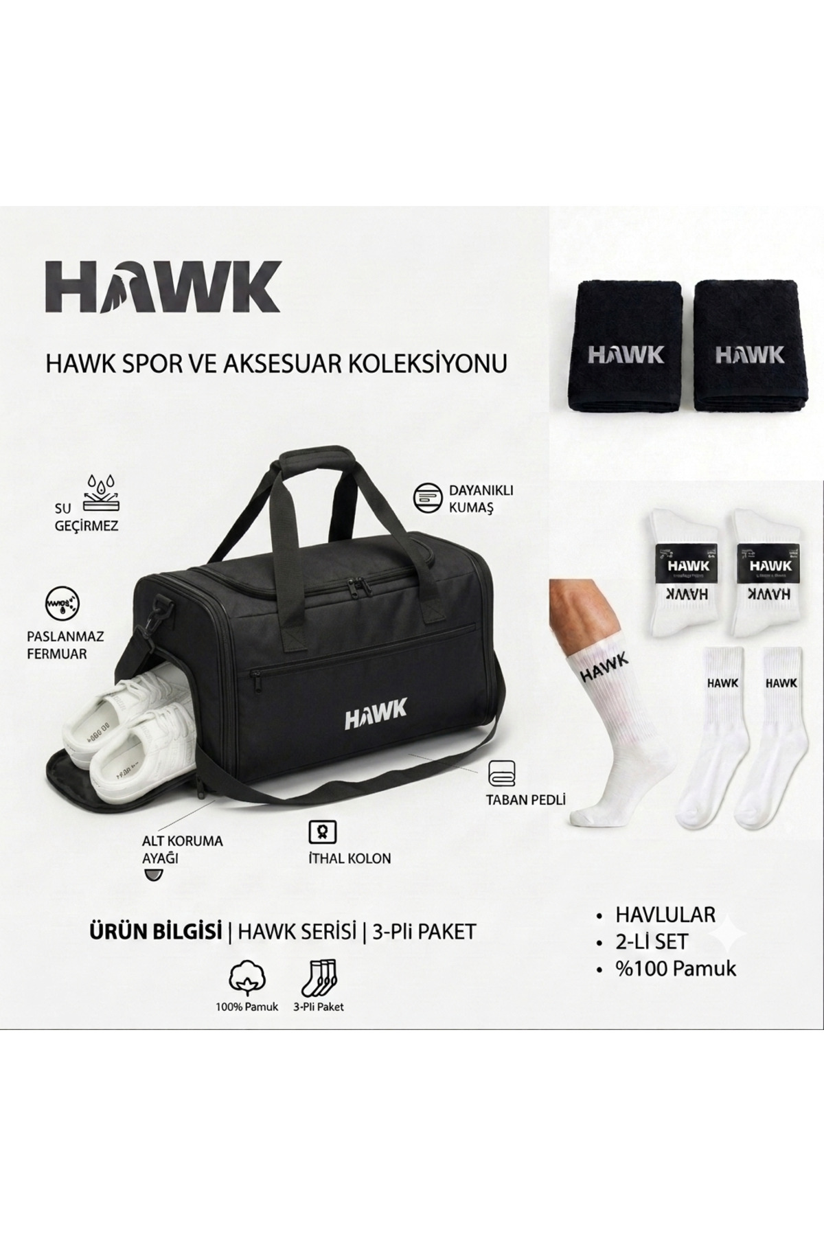 HAWK Büyük Boy Omuz Valizi Set 2 Havlu 6 Çift Çorap Spor Seyahat Gym Fıtness Çok Amaçlı Ayakkabı Gözlü Parlak El Valizi Dayanıklı