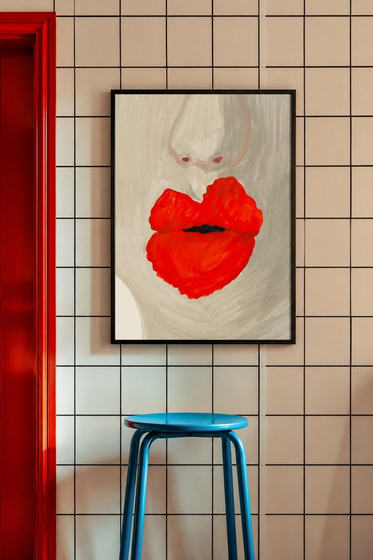 Kırmızı Dudaklar Poster, Modern Pop Art İllüstrasyonu ve Minimal Duvar Dekoru