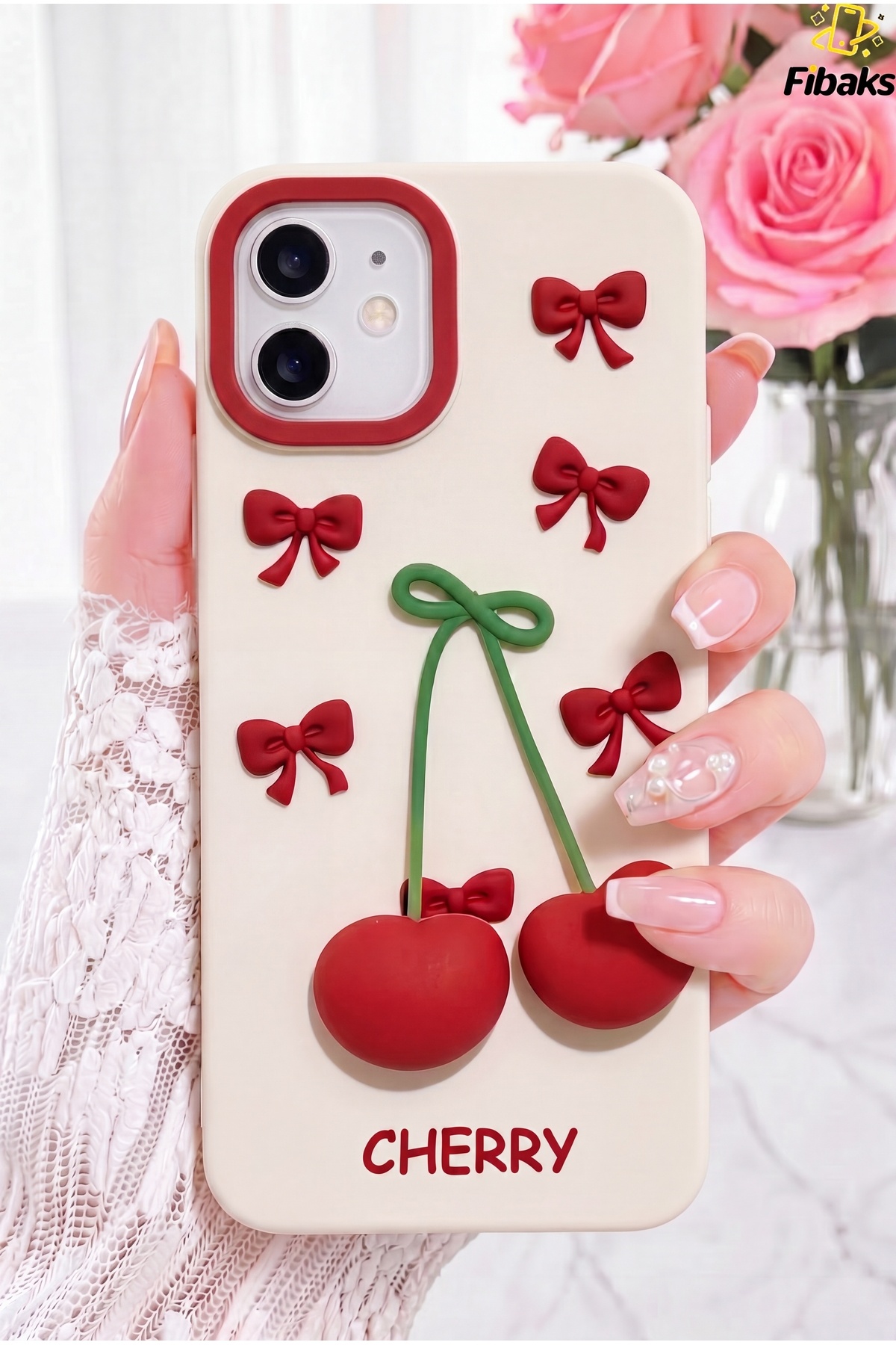 iPhone 11 Case 3D Cherry and Bow Shaped Silicone Phone Case Cover