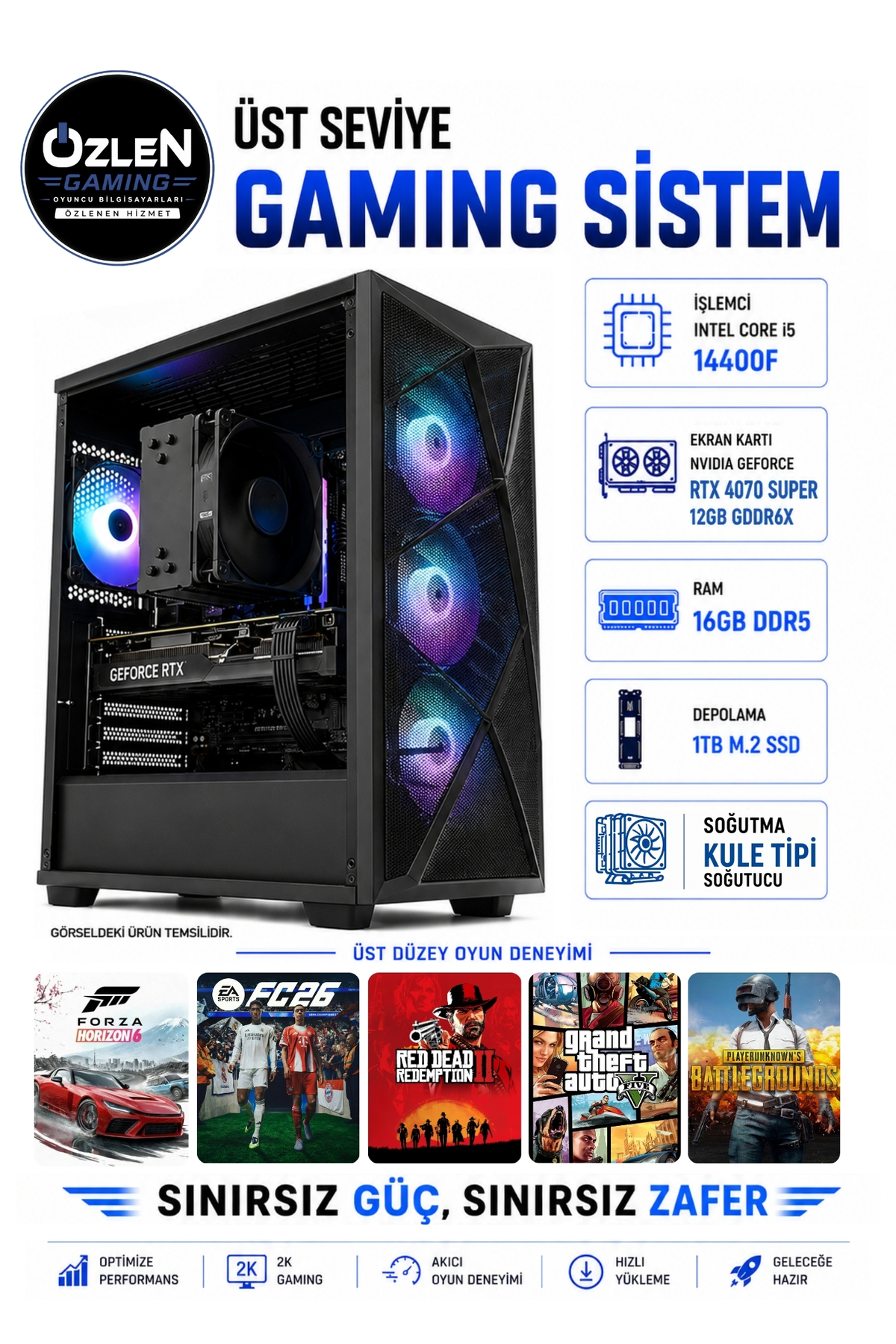ユウノ ÖZLEN XL19 İ5 14400F RTX 4070 SUPER 12GB 16GB DDR5 RAM 1TB M.2 SSD