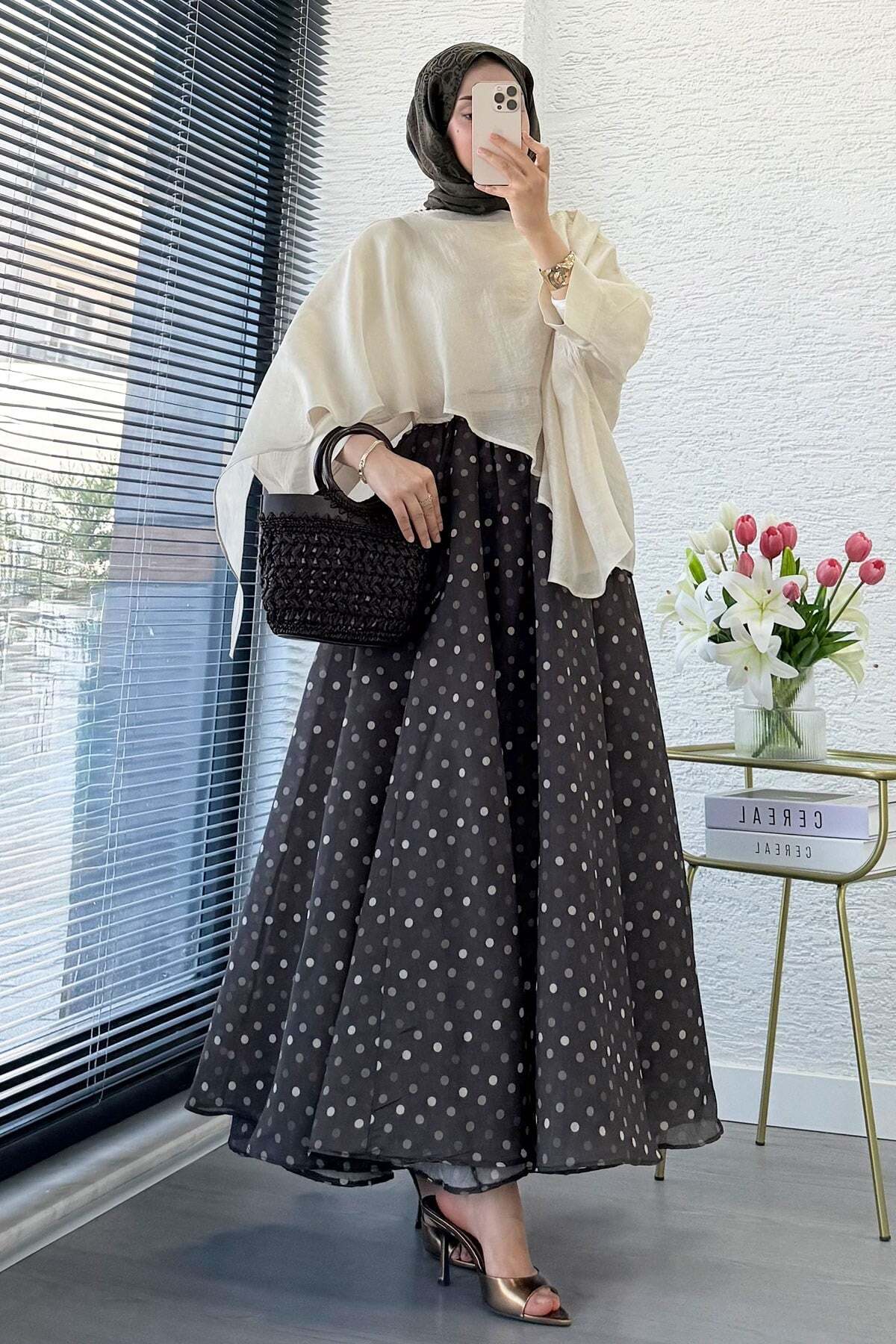 MELEK ARAZ  Premium Yarasa Kol Şal Yaka Vual Bluz - Taş - Görsel 6