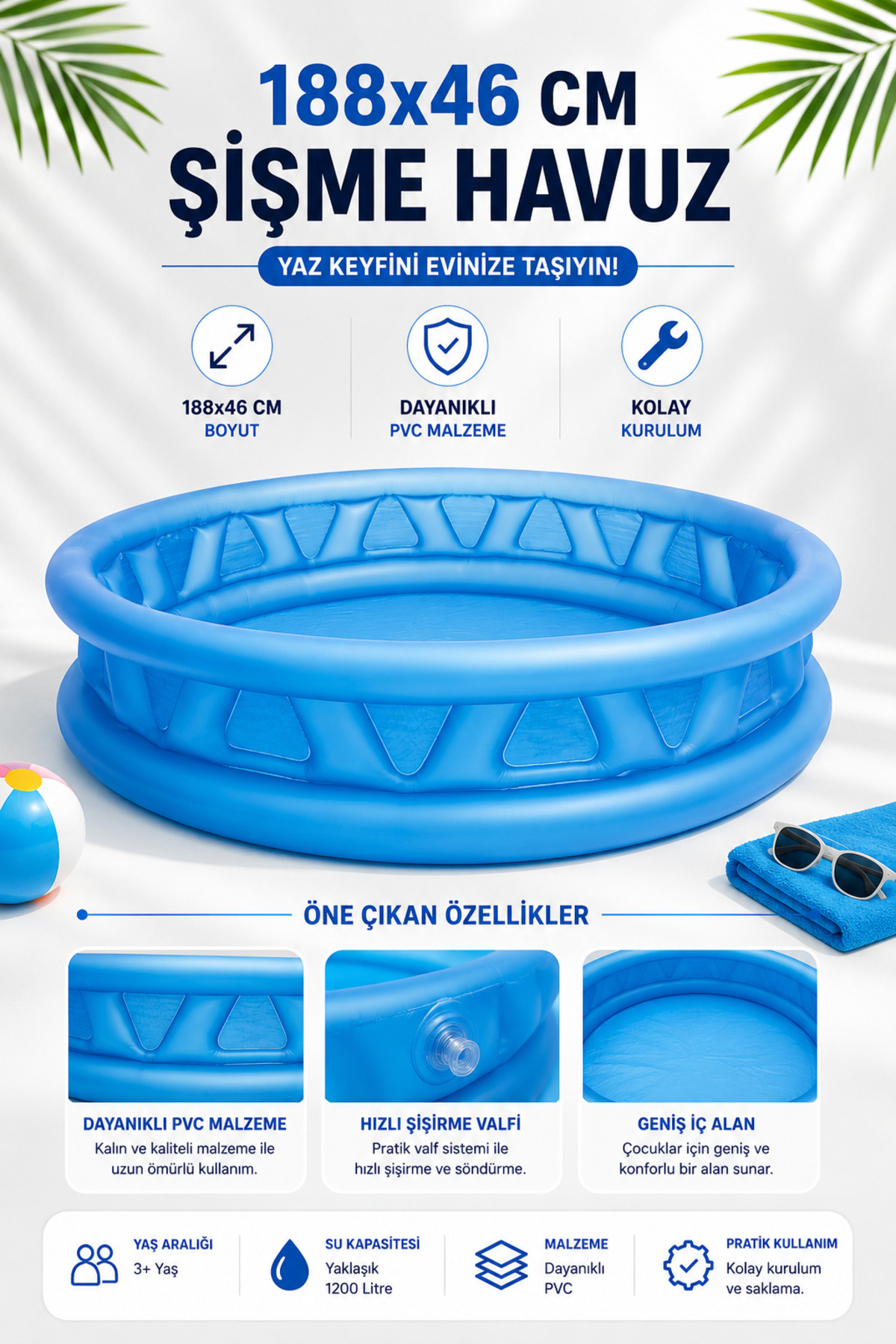 NeoThings Şişme Çocuk Havuzu 188x46 Cm Yumuşak Tabanlı Geniş Bahçe