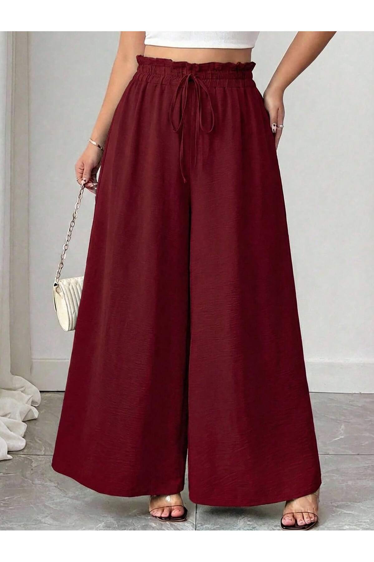 tuzu moda Büyük Beden Pantolon Bol Paça Büyük Beden Beli Lastikli Pantolon görsel 4