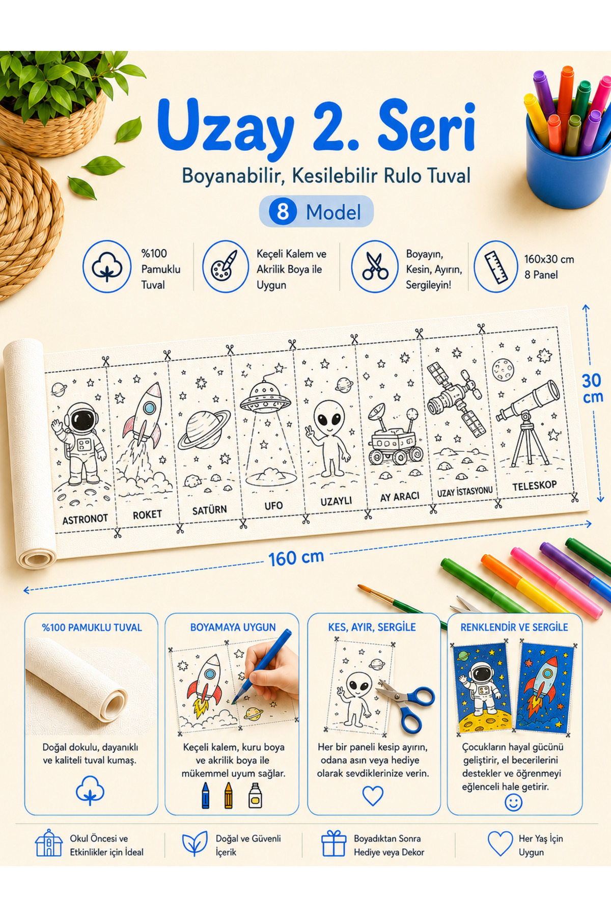 Boyanabilir Kesilebilir Rulo Tuval Uzay 2. Seri 8 Model Çocuk Boyama Seti 160x30 cm