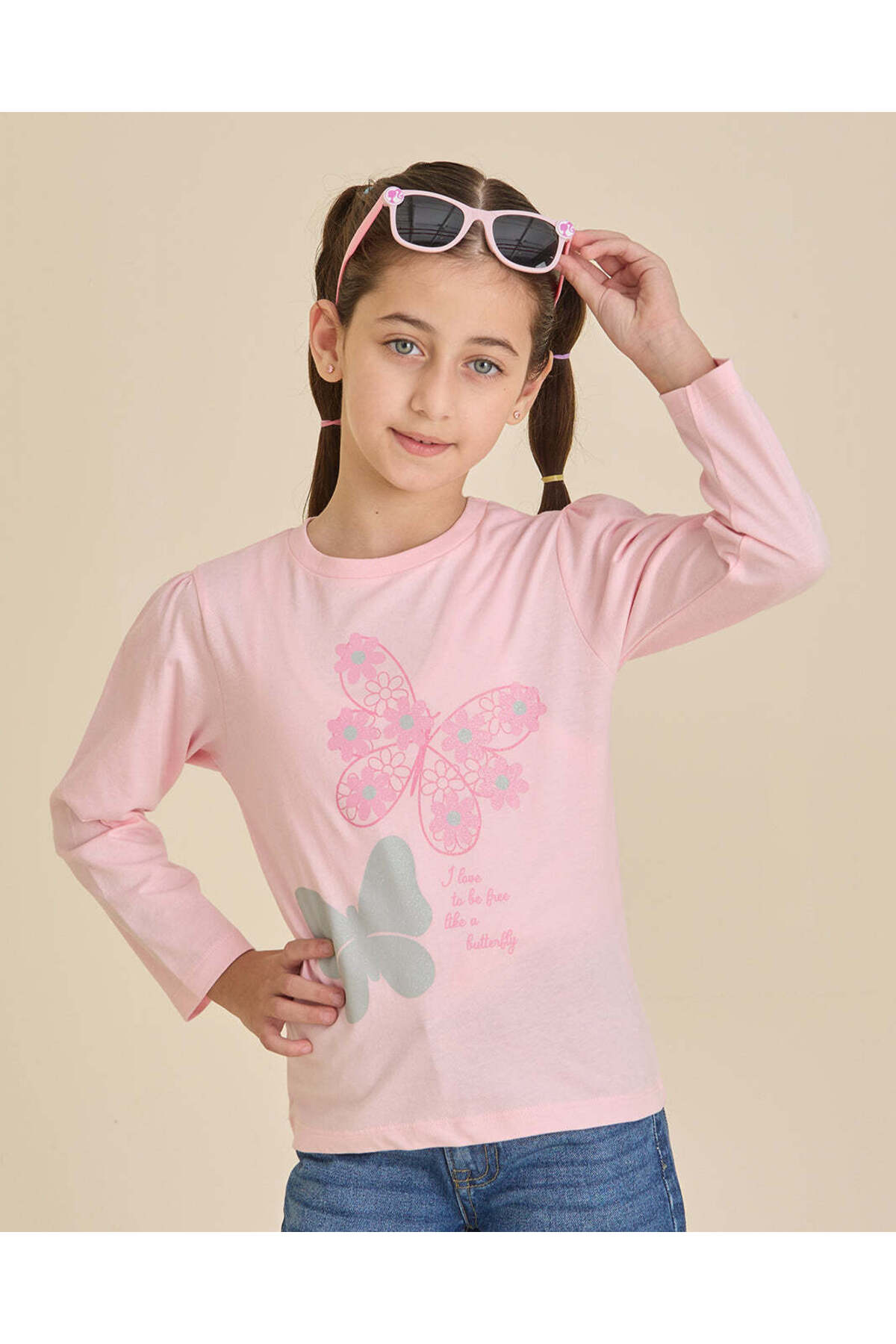 REDTAG Girls Pink Butterfly Glitter Print T-Shirt