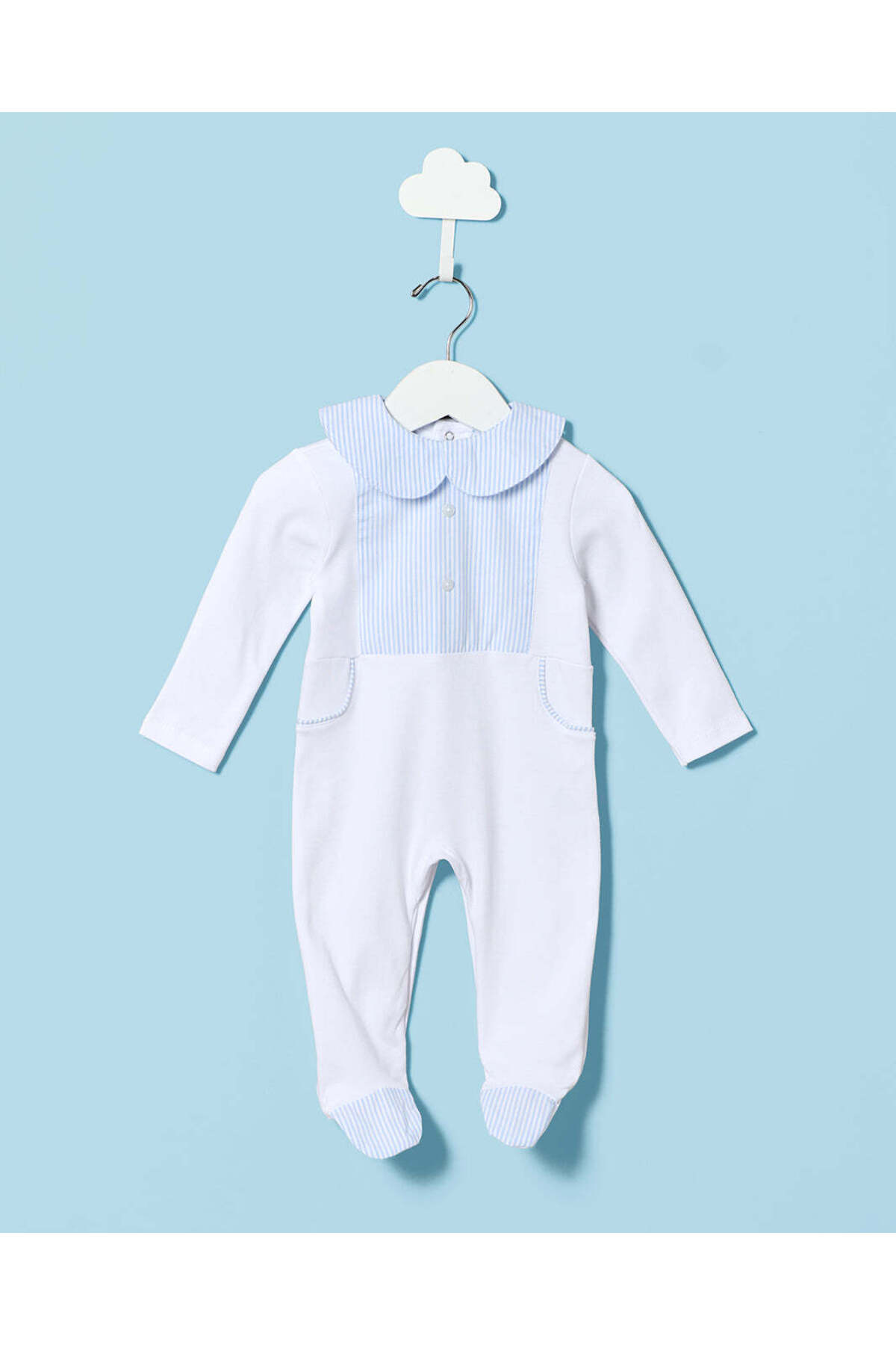 REDTAG Baby Ivory And Blue Collared Sleepsuit
