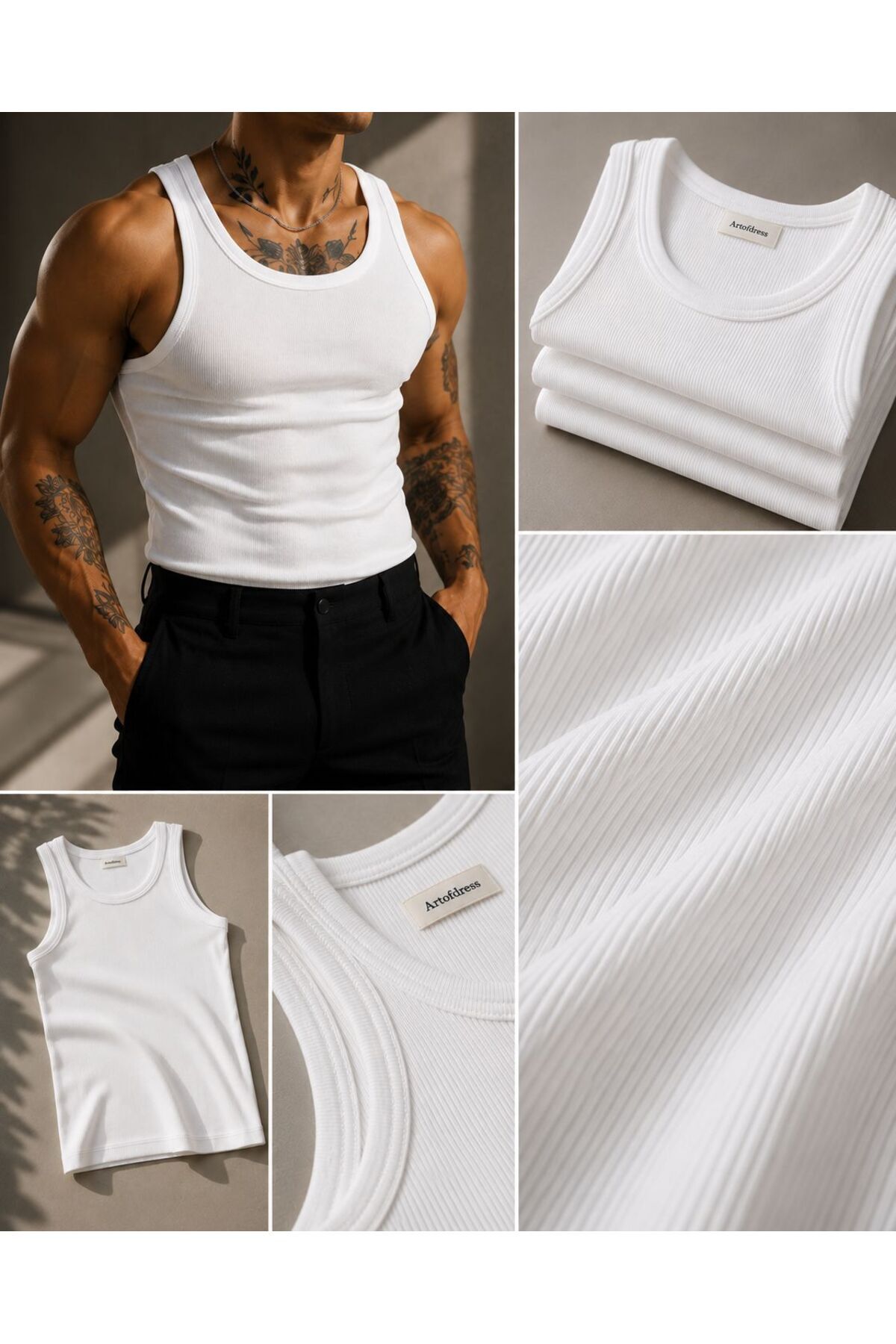 art of dress Erkek 3'lü Halter Yaka Likralı Kaşkorse Slim Fit Sporcu Atlet görsel 4