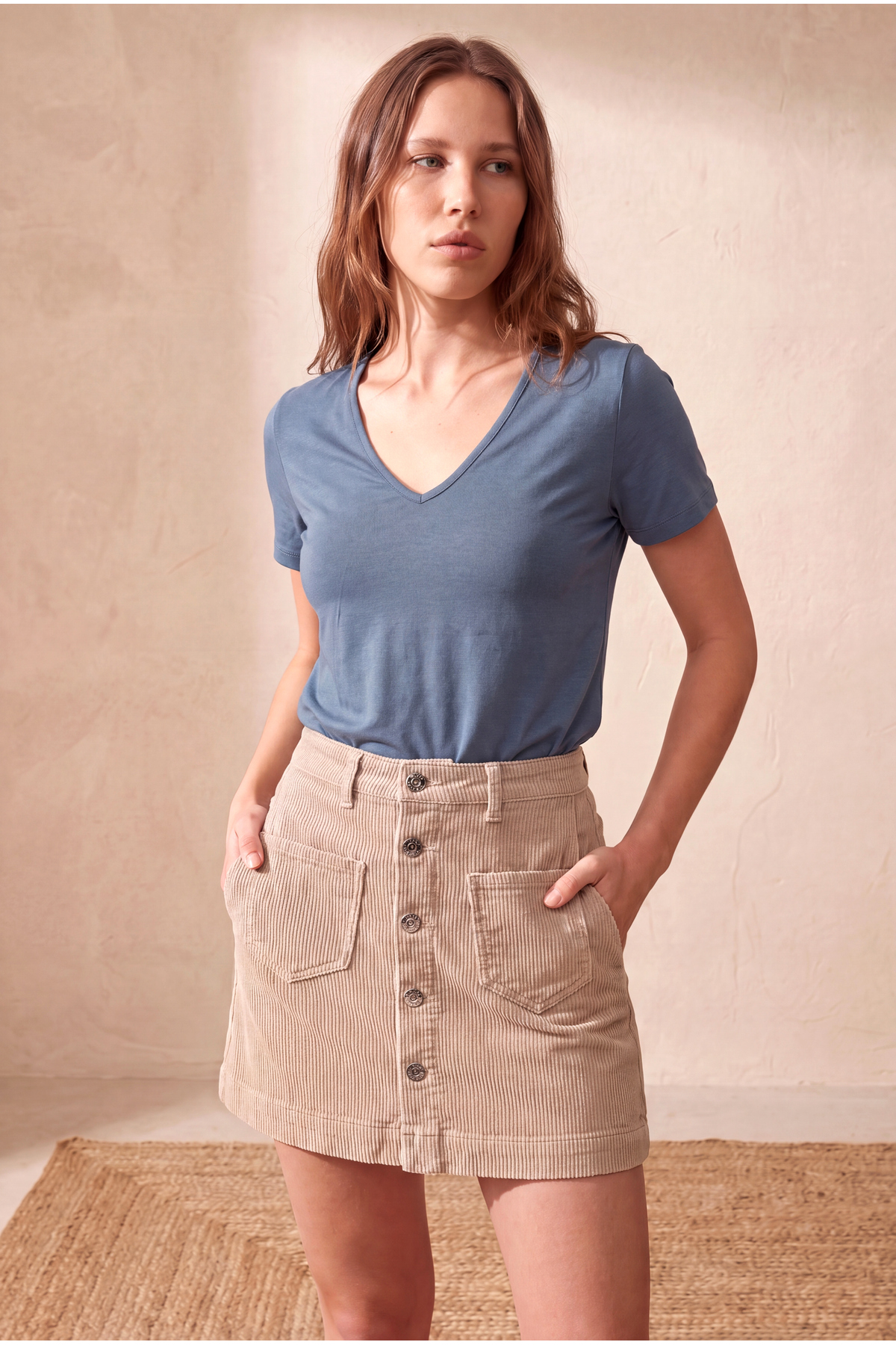 Women's Tile Blue Modal / Cotton Blended Regular Fit V-Neck Short Sleeve T-Shirt DELANEY